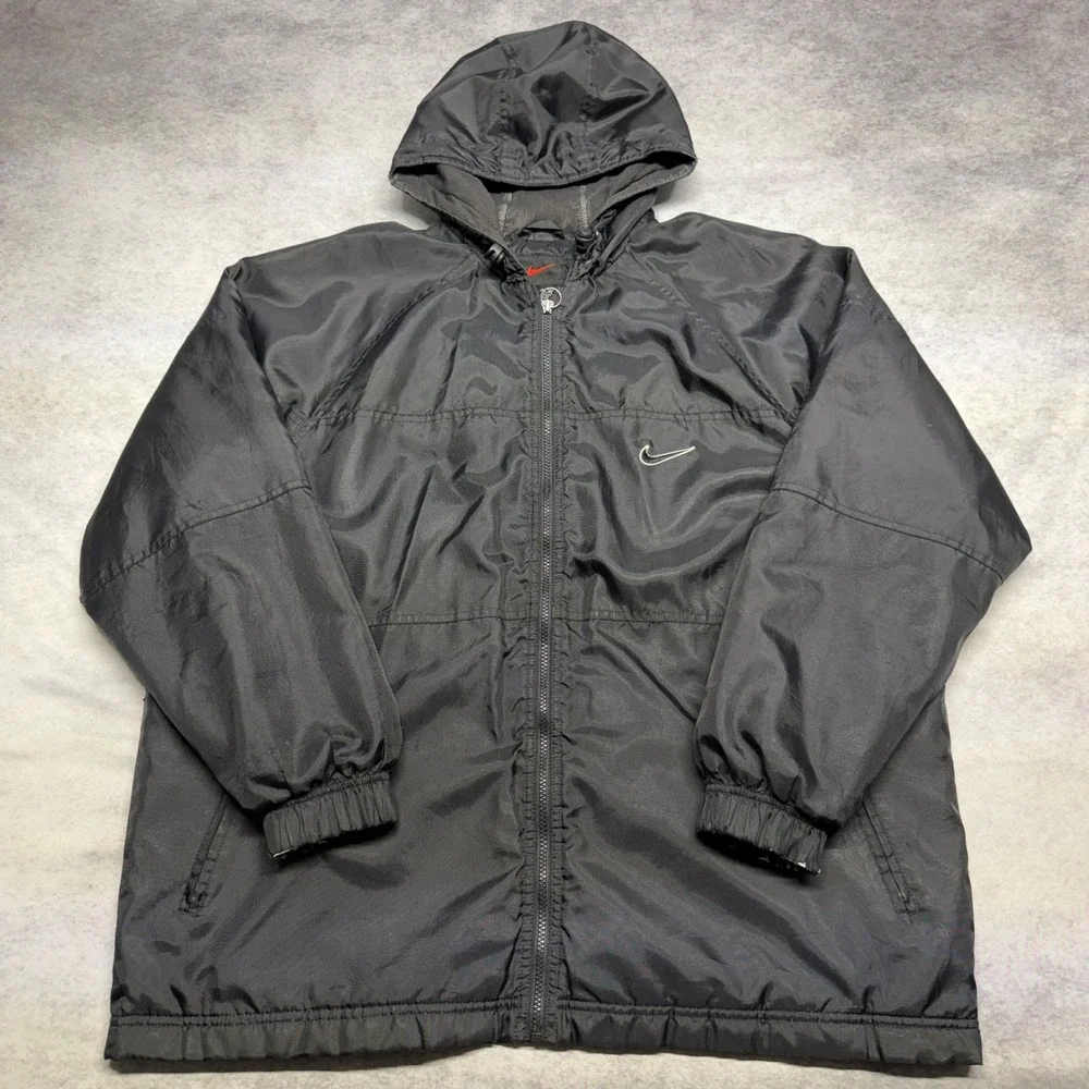 Vintage Nike Big Swoosh Retro Hooded Windbreaker Jacket Black Y2K Baggy Youth XL